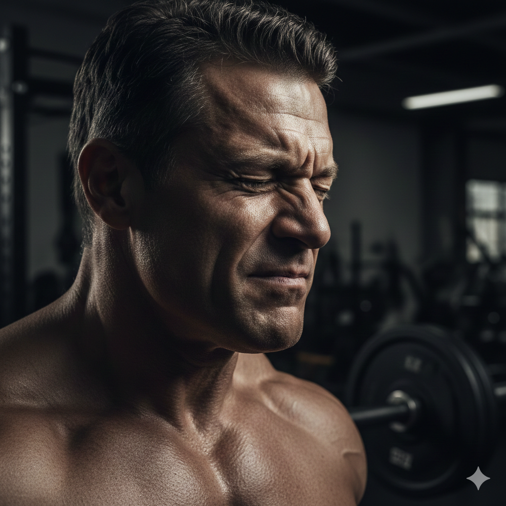 UN CULTURISTA NATURAL MADURO EN PLENO ESFUERZO Y REFLEXIÓN